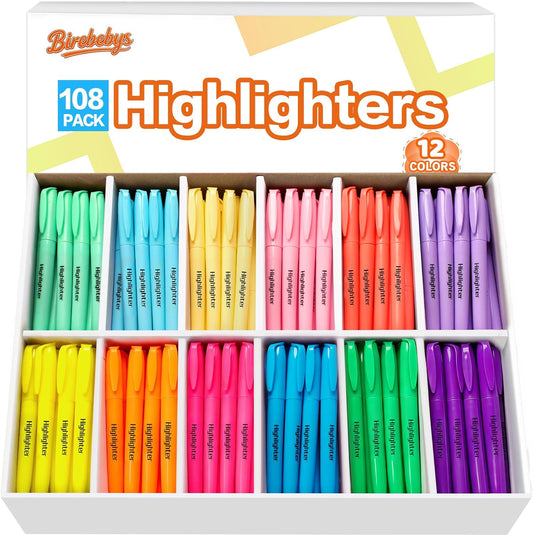 108 Pack Highlighters, 12 Assorted Colors Chisel Tip Highlighter Bulk
