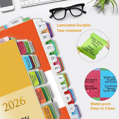 Index Tabs for CPT 2026 & ICD-10-CM 2026 Codebook (AAPC Version), Color-Coded & Laminated, Printed Tabs with Blank Ones, Alignment Guide and Page Numbers Sheet Included, Tear-Resistant & Waterproof