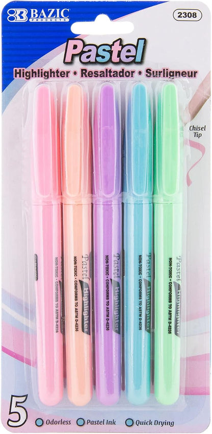 BAZIC PRODUCTS Pen Style Pastel Highlighters, Chisel Tip, Clip, 24-Box
