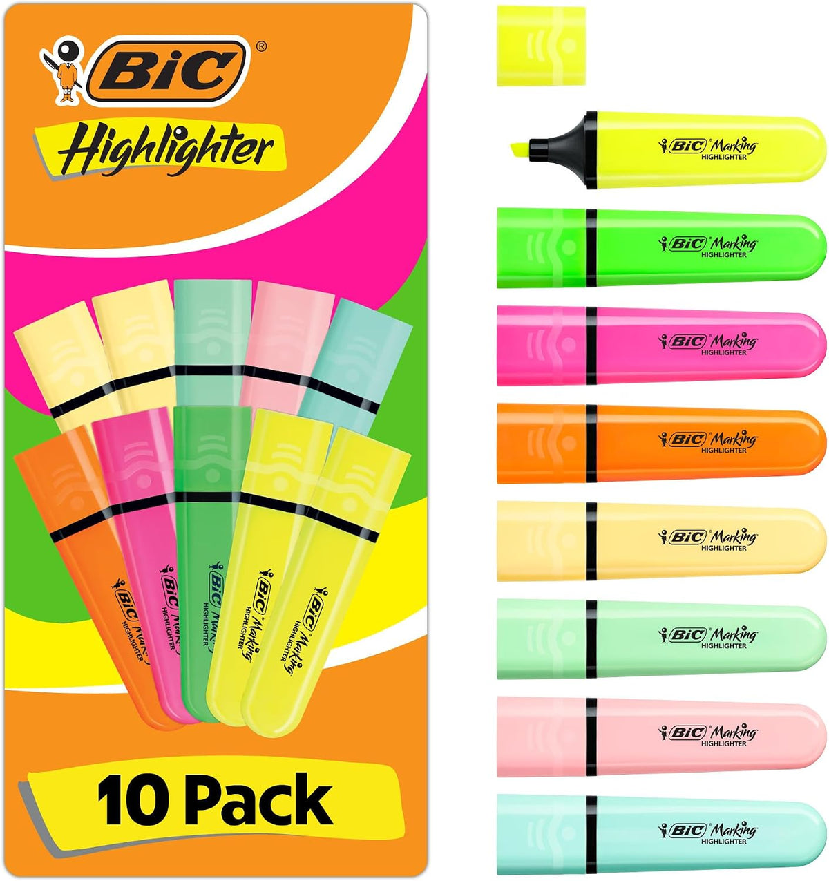 BIC Highlighter Highlighters Flat - Intense and Pastel Colours, Assorted, Pack of 10