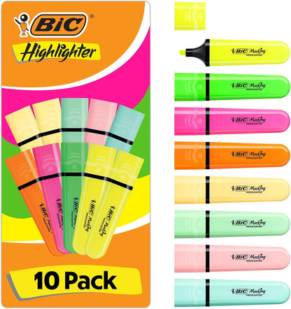 BIC Highlighter Highlighters Flat - Intense and Pastel Colours, Assorted, Pack of 10