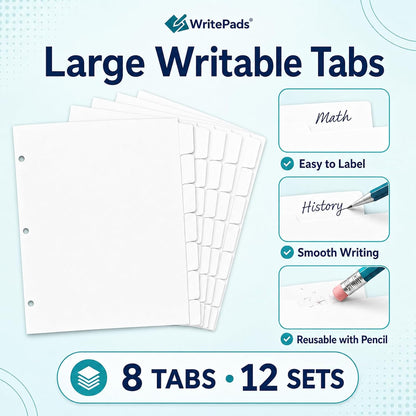 WritePads Binder Dividers with Tabs for 3 Ring Binder, White 8-Tab Index Dividers for 8.5 x 11 Letter Size Pages, Blank Writable Tabs, 12 Sets, 96 Dividers for School, Office & Home
