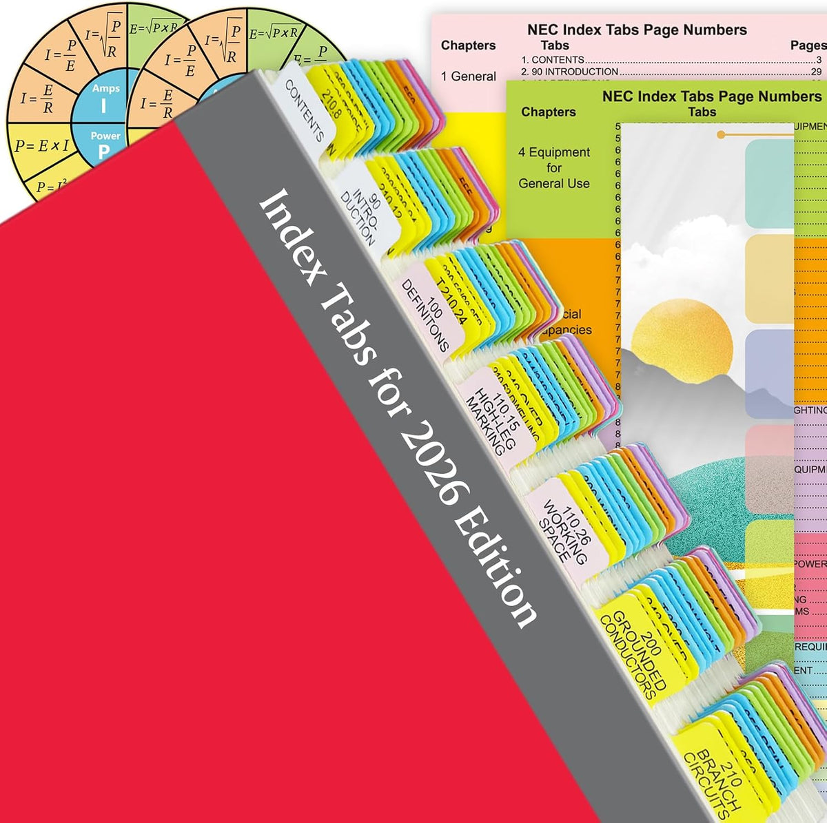 Index Tabs for 2026 NEC Code Book (Book not Included), 134 Printed NEC Tabs with 16 Blank Tabs, Color-Coded and Laminated, with Wire Chart & 2 Ohm's Law Stickers