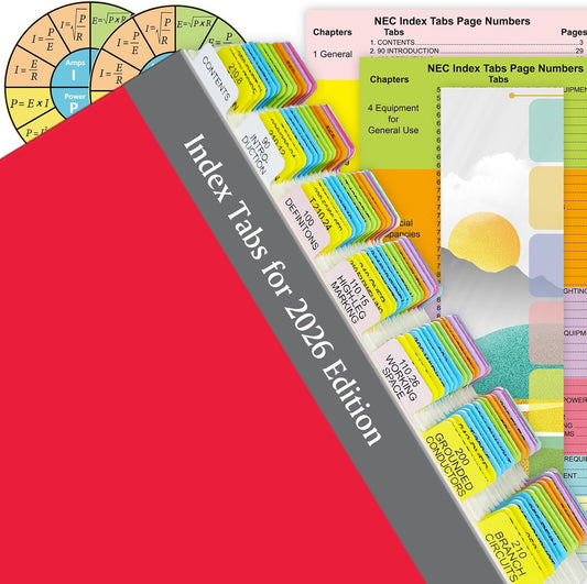 Index Tabs for 2026 NEC Code Book (Book not Included), 134 Printed NEC Tabs with 16 Blank Tabs, Color-Coded and Laminated, with Wire Chart & 2 Ohm's Law Stickers