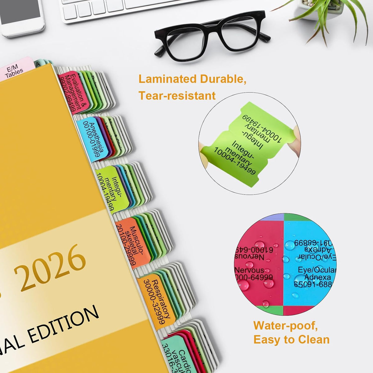 Improved Index Tabs for CPT 2026 Professional Edition, Color-Coded & Laminated CPT Tabs, 90 Printed Tabs with Blank Ones,Alignment Guide and Page Numbers Sheet Included, Tear-Resistant & Waterproof