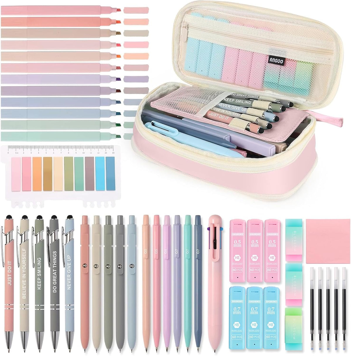 56 PCS Aesthetic School Supplies with Large Pencil Case, 5 Inspirational Ballpoint Pens, 12 Pastel Highlighters, 5 Black Ink Gel Pens, 6 Mechanical Pencils 0.5-0.7mm College Student Essentials (Pink)