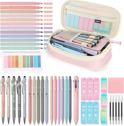56 PCS Aesthetic School Supplies with Large Pencil Case, 5 Inspirational Ballpoint Pens, 12 Pastel Highlighters, 5 Black Ink Gel Pens, 6 Mechanical Pencils 0.5-0.7mm College Student Essentials (Pink)