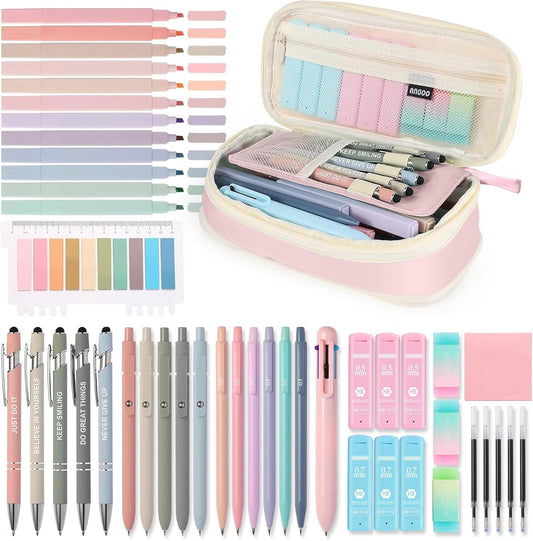 56 PCS Aesthetic School Supplies with Large Pencil Case, 5 Inspirational Ballpoint Pens, 12 Pastel Highlighters, 5 Black Ink Gel Pens, 6 Mechanical Pencils 0.5-0.7mm College Student Essentials (Pink)