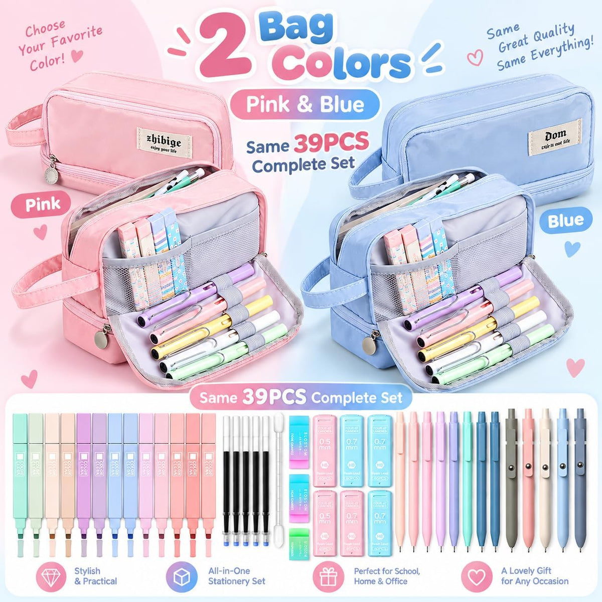 39 PCS Pastel Stationery Set with Foldable Pencil Case, 12 Pastel Highlighters, 6 Mechanical Pencils, 5 Gel Pens, Lead Refills, Gel Pen Refills and Erasers, School Supplies Writing Kit for Students