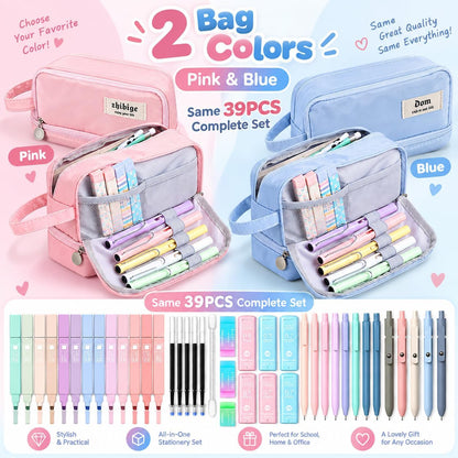 39 PCS Pastel Stationery Set with Foldable Pencil Case, 12 Pastel Highlighters, 6 Mechanical Pencils, 5 Gel Pens, Lead Refills, Gel Pen Refills and Erasers, School Supplies Writing Kit for Students