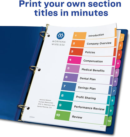 Avery® Table of Contents Dividers, 10-Tab, Multicolor, 24 Sets