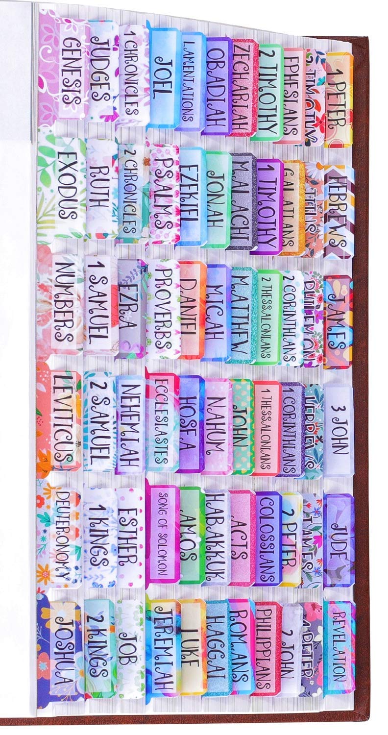 Colorful Floral Bible Tabs Laminated with Matte Film, Cute Bible tabs for Women and Girl, 90 Bible Index tabs in Total, 66 tabs for Old and new Testament, Additional 24 Blank tabs