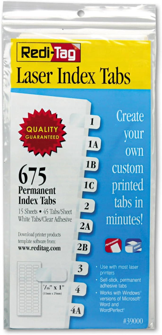 Redi-Tag 39000 Laser Printable Index Tabs 7/16 x 1 White 675/Pack