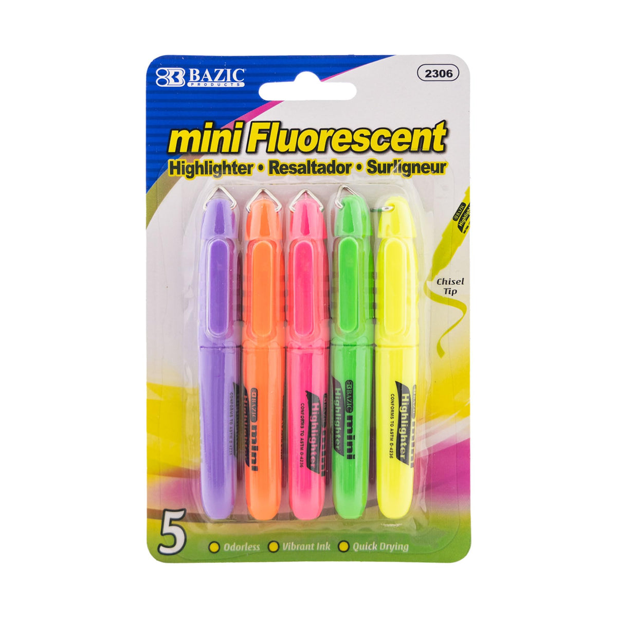 BAZIC PRODUCTS Mini Pastel Highlighters, Chisel Tip, 5 Count, 24-Box