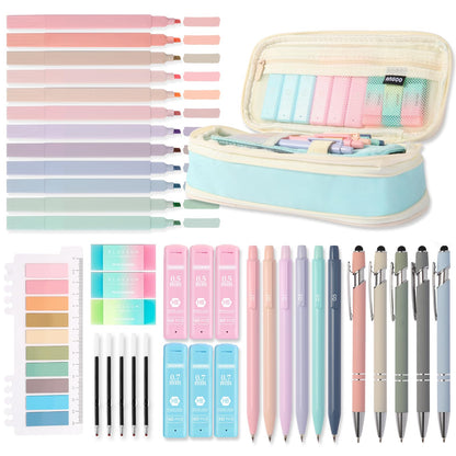 39PCS Aesthetic School Supplies with Cute Pencil Case, 5X Ballpoint Pens with Stylus Tip, 12X Pastel Highlighters, 6X Mechanical Pencil Set 0.5&0.7mm, Suit for Preppy School College Essentials (pink)