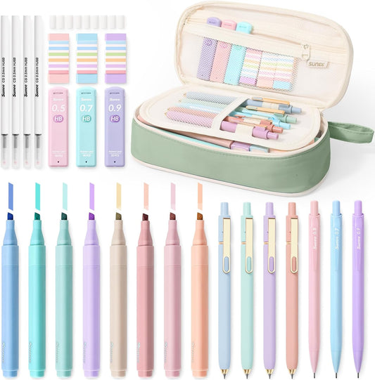 SUNEE Pencil Case with Supplies, 35PCS Aesthetic Stationery Set with Pastel Highlighters, Black Gel Pens, Mechanical Pencils & Refills, College School Supplies for Students Girls, Green