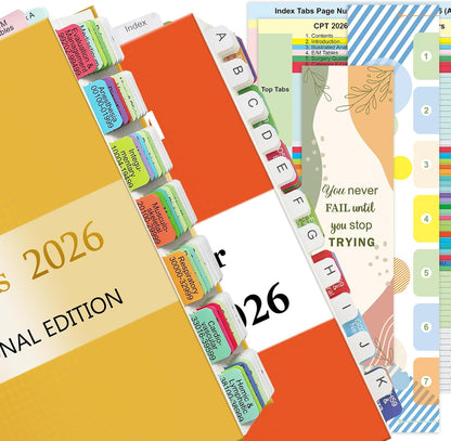 Index Tabs for CPT 2026 & ICD-10-CM 2026 Codebook (AAPC Version), Color-Coded & Laminated, Printed Tabs with Blank Ones, Alignment Guide and Page Numbers Sheet Included, Tear-Resistant & Waterproof