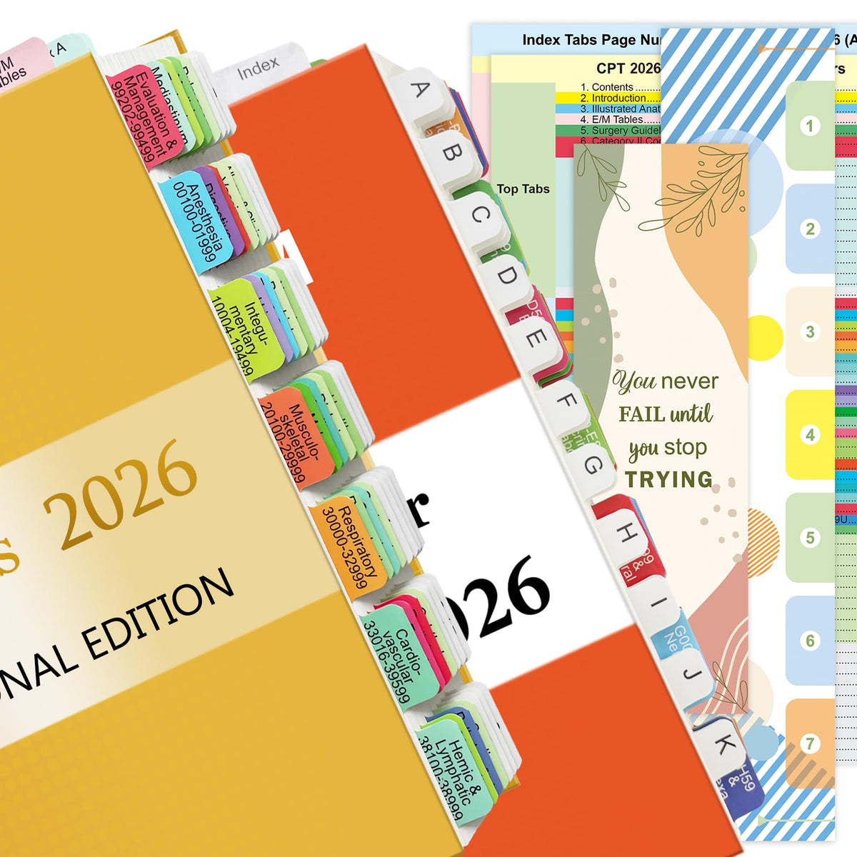 Improved Index Tabs for CPT 2026 Professional Edition, Color-Coded & Laminated CPT Tabs, 90 Printed Tabs with Blank Ones,Alignment Guide and Page Numbers Sheet Included, Tear-Resistant & Waterproof