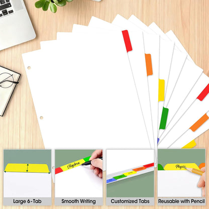 120 Pcs Binder Dividers with Multicolor Tabs, 1/6 Cut Tabs, Dividers for 3 Ring Binder, Blank Write On Binder Dividers in 6 Tab Sets, Letter Size, 120 Dividers, 20 Sets