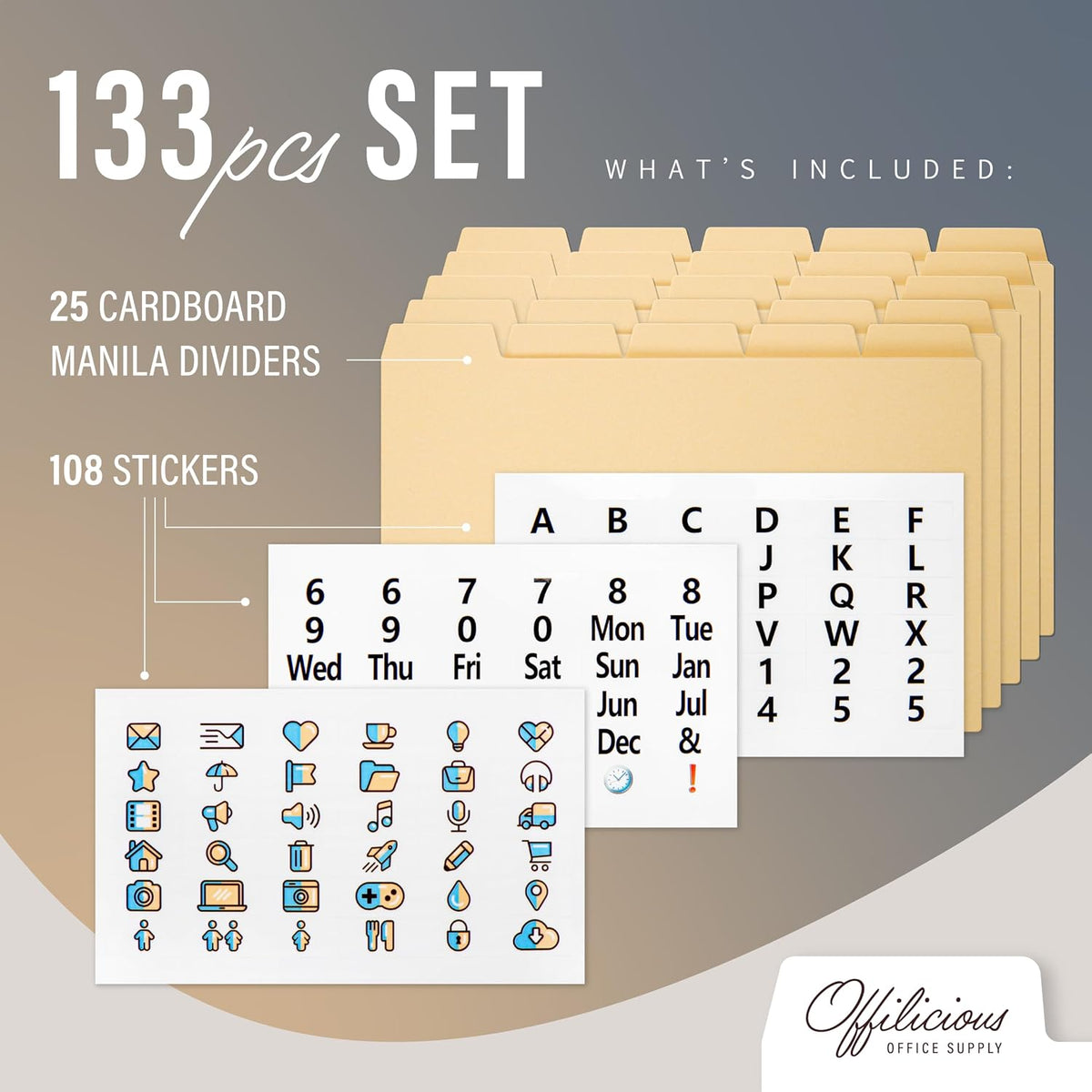 25 Heavyweight Manila Index Card Box Dividers with Tabs & 108 Stickers, Alphabetical File Dividers for 5x8 Index Card Box