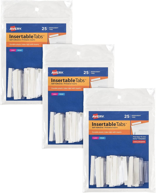 Avery® Index Tabs, 1-1/2", Self-Adhesive, Laser/Inkjet Printable Inserts, 25 Per Pack, 75 Total (3-Pack of 16320)