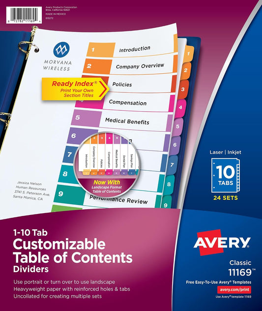 Avery® Table of Contents Dividers, 10-Tab, Multicolor, 24 Sets