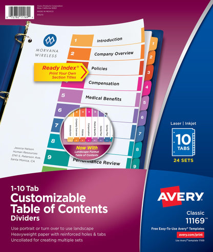 Avery® Table of Contents Dividers, 10-Tab, Multicolor, 24 Sets