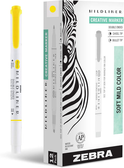 Zebra Pen MILDLINER No Bleed Highlighter, Lemon Yellow, Dual Tip, 12-Pack