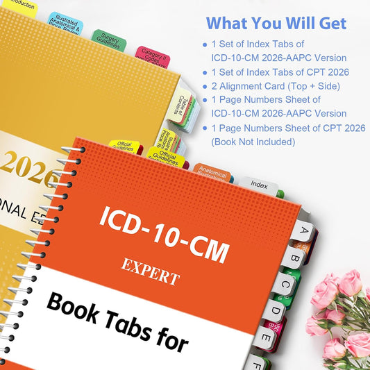 Upgraded Index Tabs for CPT 2026 & ICD-10-CM 2026-AAPC Version, Complete Book Tabs, Laminated, Color-Coded & Long-Last, with Page Numbers and Alignment Guide (Book not Included)