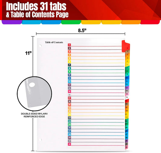 Tab Dividers for 3 Ring Binders – 6 Sets, 1–31 Numbered Index Dividers with Table of Contents – 8.5 x 11 in, 3-Hole Punched – Binder Dividers for School, Office, Filing, Organizing - 6 Pack