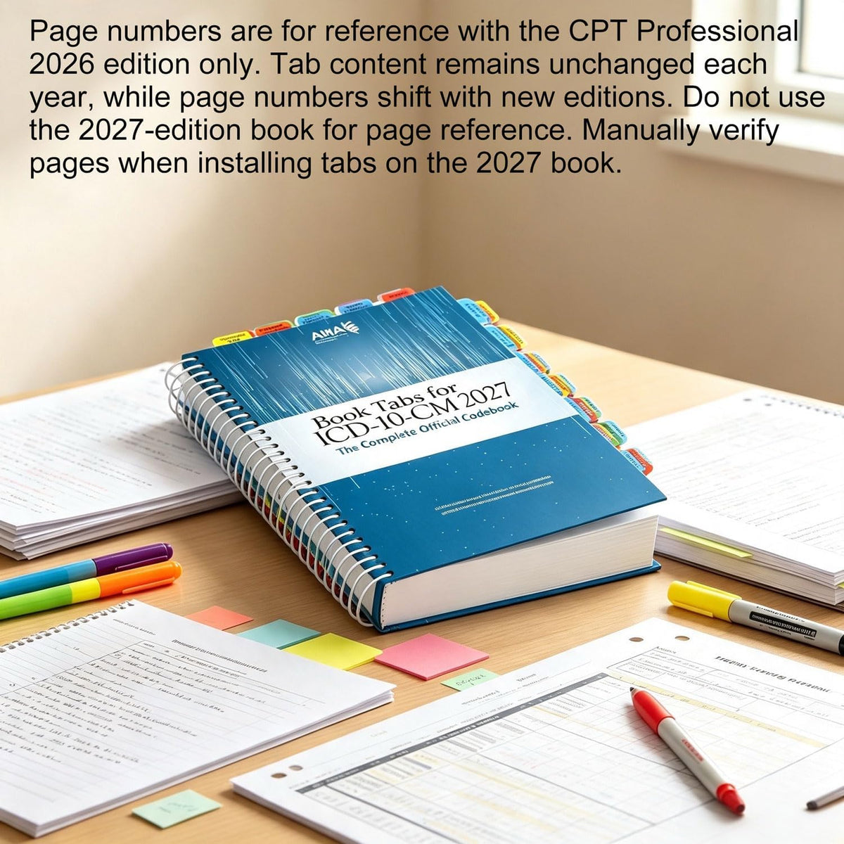 Index Tabs for CPT & ICD-10-CM AMA 2027 Version, 2 Set Bundle, Complete Book Tabs Set (Book not Included), Color-Coded with Code Ranges, Laminated & Waterproof & Repositionable