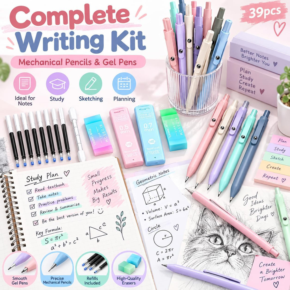39 PCS Pastel Stationery Set with Foldable Pencil Case, 12 Pastel Highlighters, 6 Mechanical Pencils, 5 Gel Pens, Lead Refills, Gel Pen Refills and Erasers, School Supplies Writing Kit for Students