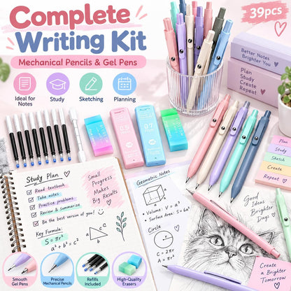 39 PCS Pastel Stationery Set with Foldable Pencil Case, 12 Pastel Highlighters, 6 Mechanical Pencils, 5 Gel Pens, Lead Refills, Gel Pen Refills and Erasers, School Supplies Writing Kit for Students