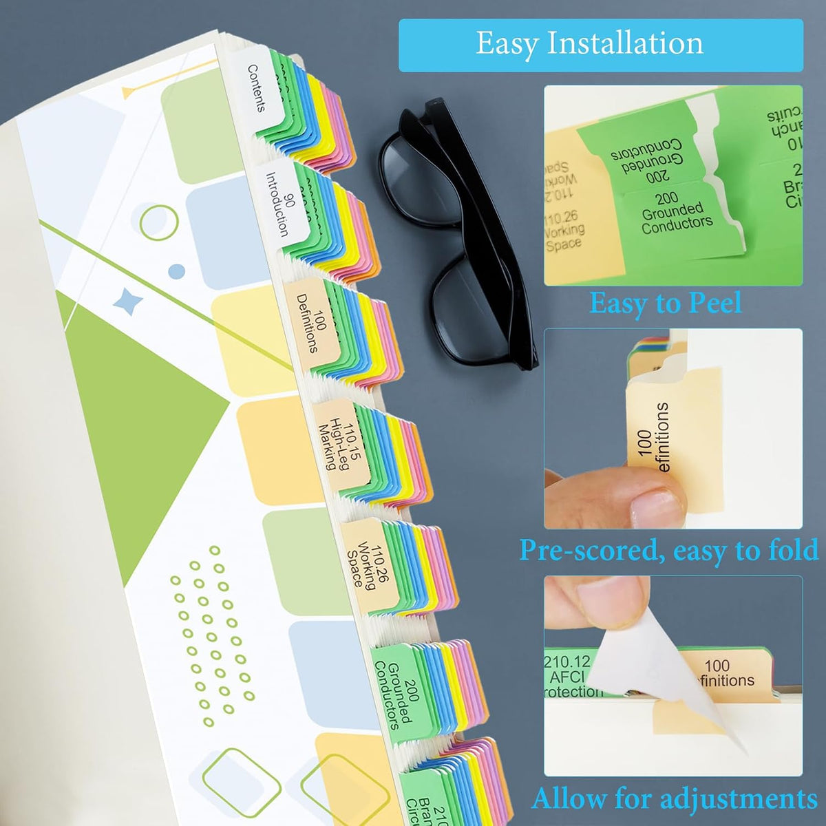 Electrical Code Tabs for NEC 2023, 140 PCS Laminated & Color-Coded for National Electrical Code, with Formula Guide/Wire Chart/2 Ohm’s Law Wheel Stickers/Page Numbers Card (Book Not Included)