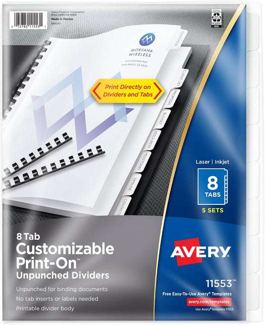 Avery Unpunched Print-On Dividers, 8-Tab, White, 5 Sets