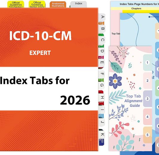 Index Tabs for ICD-10-CM 2026 AAPC Version, Complete Book Tabs Set with Blanks, Bookmarker, Laminated Color-Coded with Alignment Guide & Page Numbers (Book Not Included)