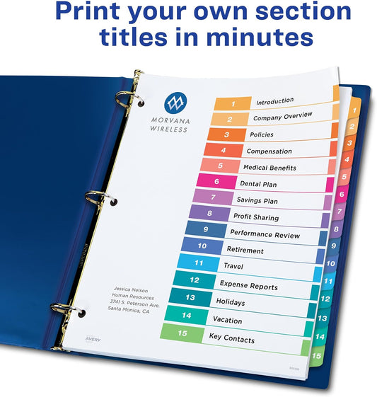 Avery Ready Index Table of Contents Dividers, 15-Tab, Color, 6 Sets