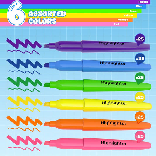 150 Count Highlighters Assorted Colors Bulk - 6 Colors Dry-Quickly No Bleed Chisel Tip Highlighter, Markers Set for Classroom Office, Back to School Supplies for Teacher Kids Adults