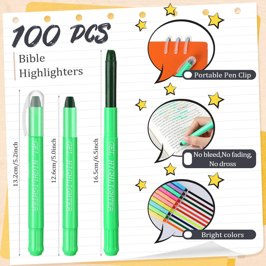 Yeaqee 100 Pieces Bible Highlighters No Bleed Gel Assorted Pastel Highlighters Aesthetic No Bleed Markers for Bible Study Planner Notes Journal School Office Home Supplies, 10 Colors
