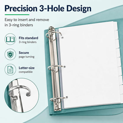 WritePads Binder Dividers with Tabs for 3 Ring Binder, White 8-Tab Index Dividers for 8.5 x 11 Letter Size Pages, Blank Writable Tabs, 12 Sets, 96 Dividers for School, Office & Home