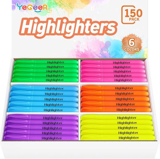 YEGEER Highlighters, Chisel Tip Dry-Quickly Highlighter Markers, 150 Count-6 Assorted Colors Highlighters Bulk Pack for Adult Kids, Office Classroom Must Have, School Supplies for Teachers