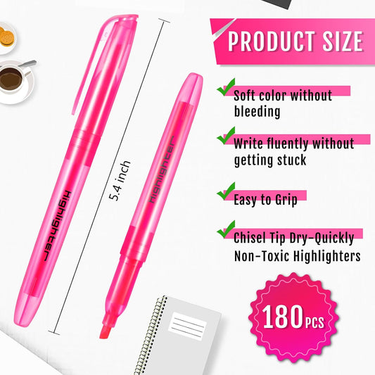Fuutreo 180 Pack Pink Highlighters Bulk Bright Color Pastel Marker Pens