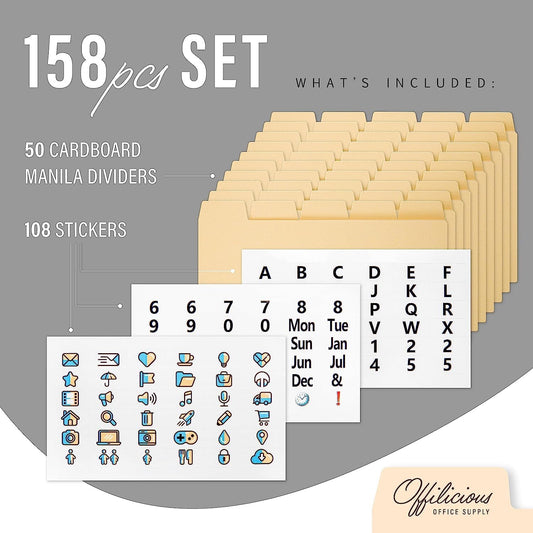 50 Heavyweight Manila Index Card Dividers with Tabs, 4x6 Blank, 108 Stickers - Monthly, Recipe & Greeting Card Dividers