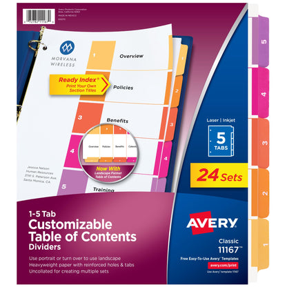 Avery Ready Index Table of Contents Dividers, 5-Tab, Color, 24 Sets