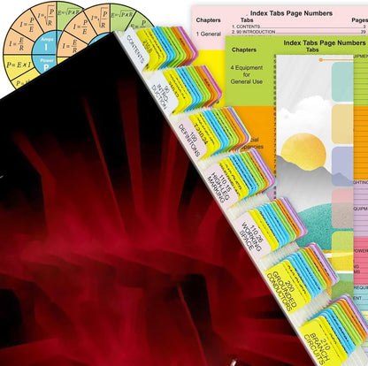 Index Tabs for 2026 NEC Code Book (Book not Included), 134 Printed NEC Tabs with 16 Blank Tabs, Color-Coded and Laminated, with Wire Chart & 2 Ohm's Law Stickers