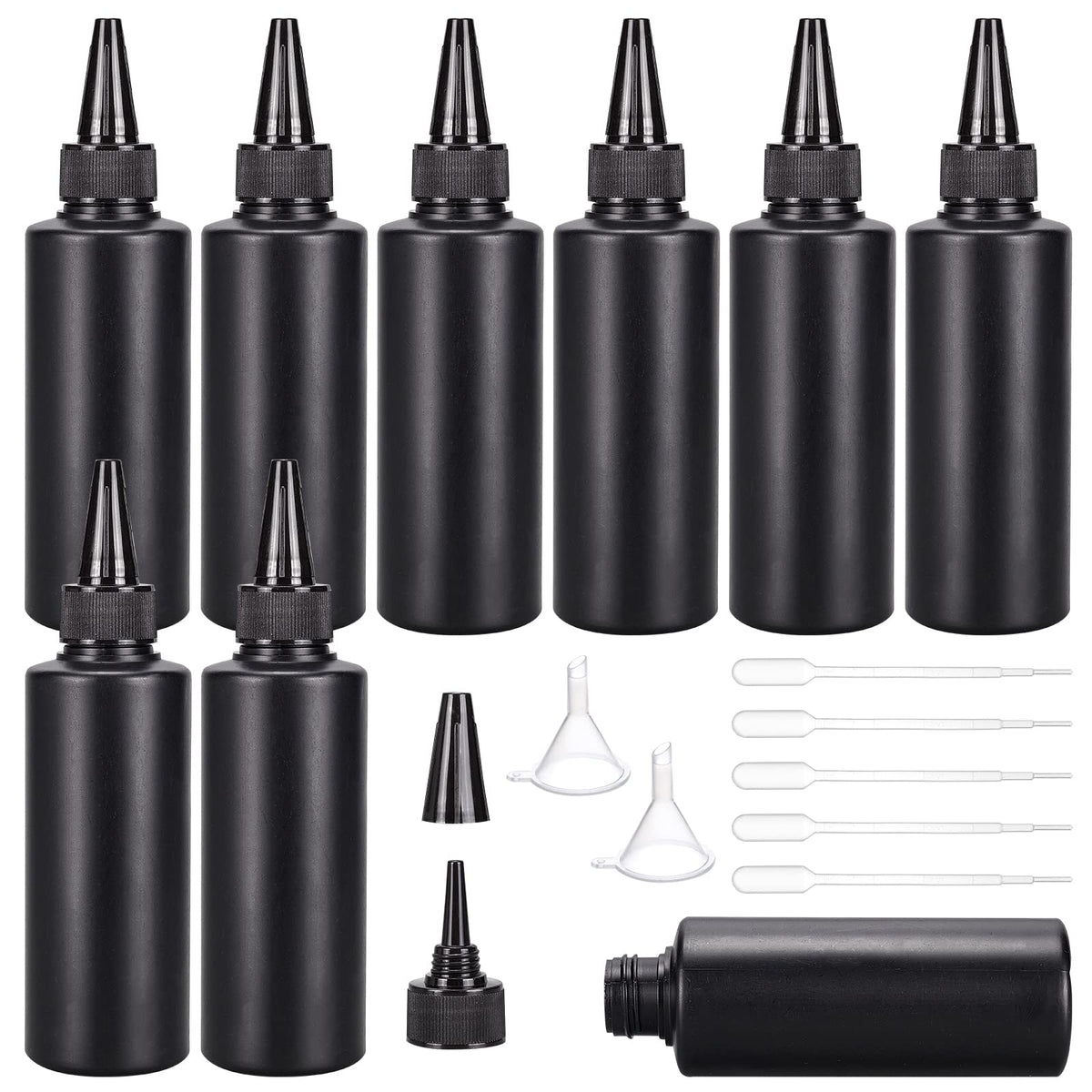 BENECREAT 16Pcs 120ml/4.06oz Black Plastic Squeeze Bottles, Squeeze Condiment Bottles with 2Pcs Funnels and 10Pcs Transfer Pipettes for Ink Tattoo Liquid Painting Glue