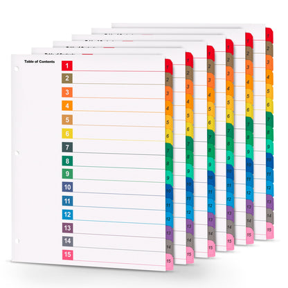 Tab Dividers for 3 Ring Binders – 6 Sets, 1–31 Numbered Index Dividers with Table of Contents – 8.5 x 11 in, 3-Hole Punched – Binder Dividers for School, Office, Filing, Organizing - 6 Pack