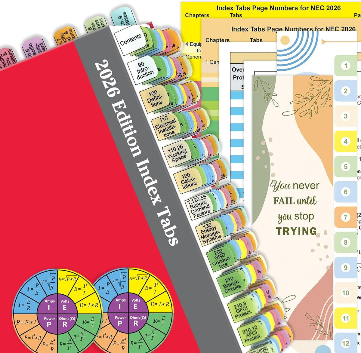 Plastic Index Tabs for 2026 NEC (Book Not Included), 152 Printed Tabs + Blanks, Color-Coded and Durable, with Page Index/Wire Chart & Formula Guide/2 Ohm’s Law Stickers/Alignment Card