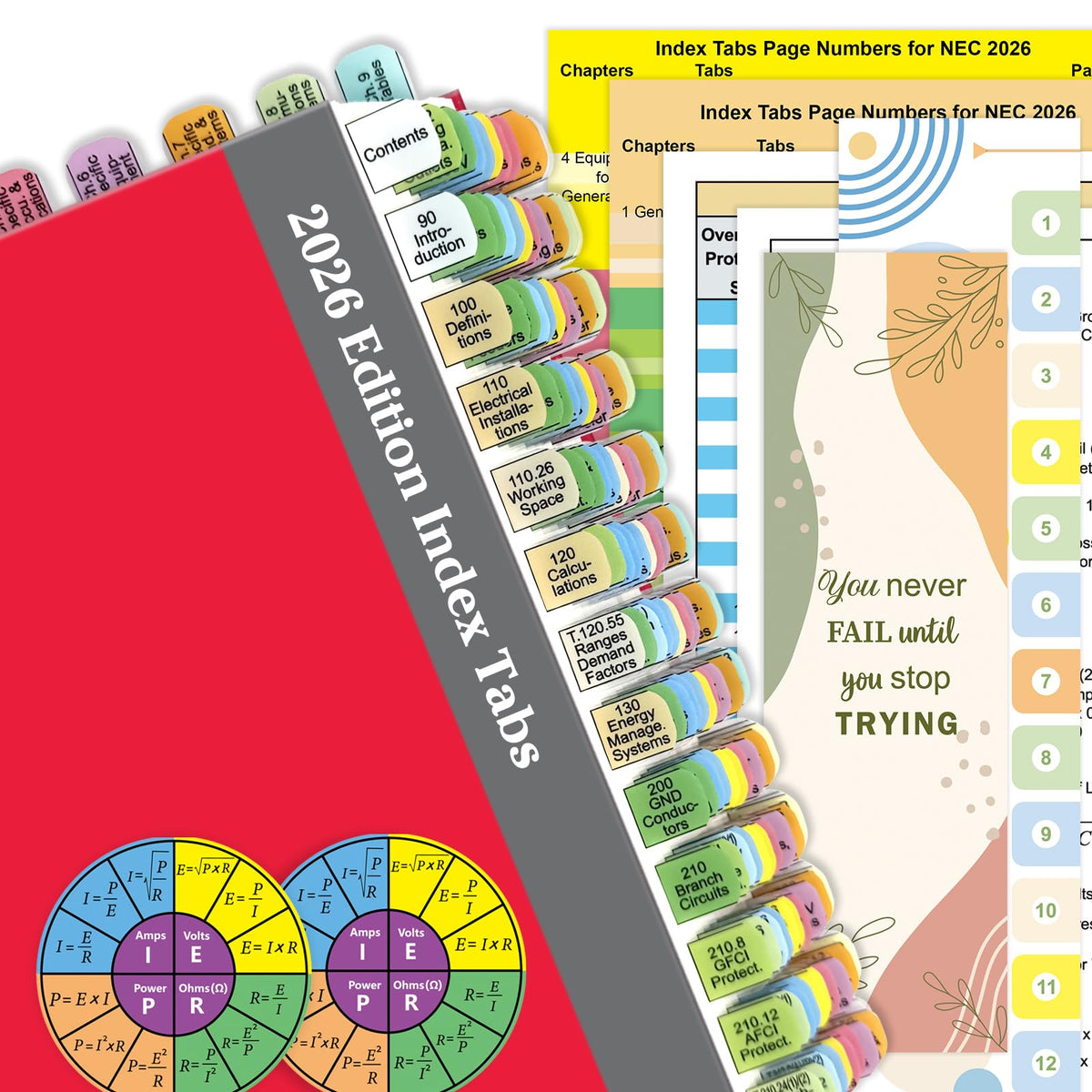 Plastic Index Tabs for 2026 NEC (Book Not Included), 152 Printed Tabs + Blanks, Color-Coded and Durable, with Page Index/Wire Chart & Formula Guide/2 Ohm’s Law Stickers/Alignment Card