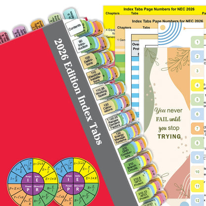 Plastic Index Tabs for 2026 NEC (Book Not Included), 152 Printed Tabs + Blanks, Color-Coded and Durable, with Page Index/Wire Chart & Formula Guide/2 Ohm’s Law Stickers/Alignment Card